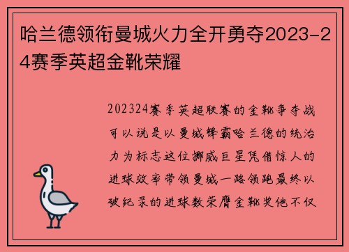 哈兰德领衔曼城火力全开勇夺2023-24赛季英超金靴荣耀